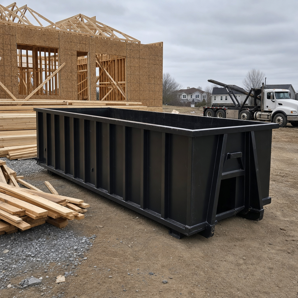 Matte-black 40-yard roll-off dumpster staged on a framed-out residential construction site in Norfolk, framing lumber stacked nearby, hooklift delivery truck visible in the background under bright Colorado daylight