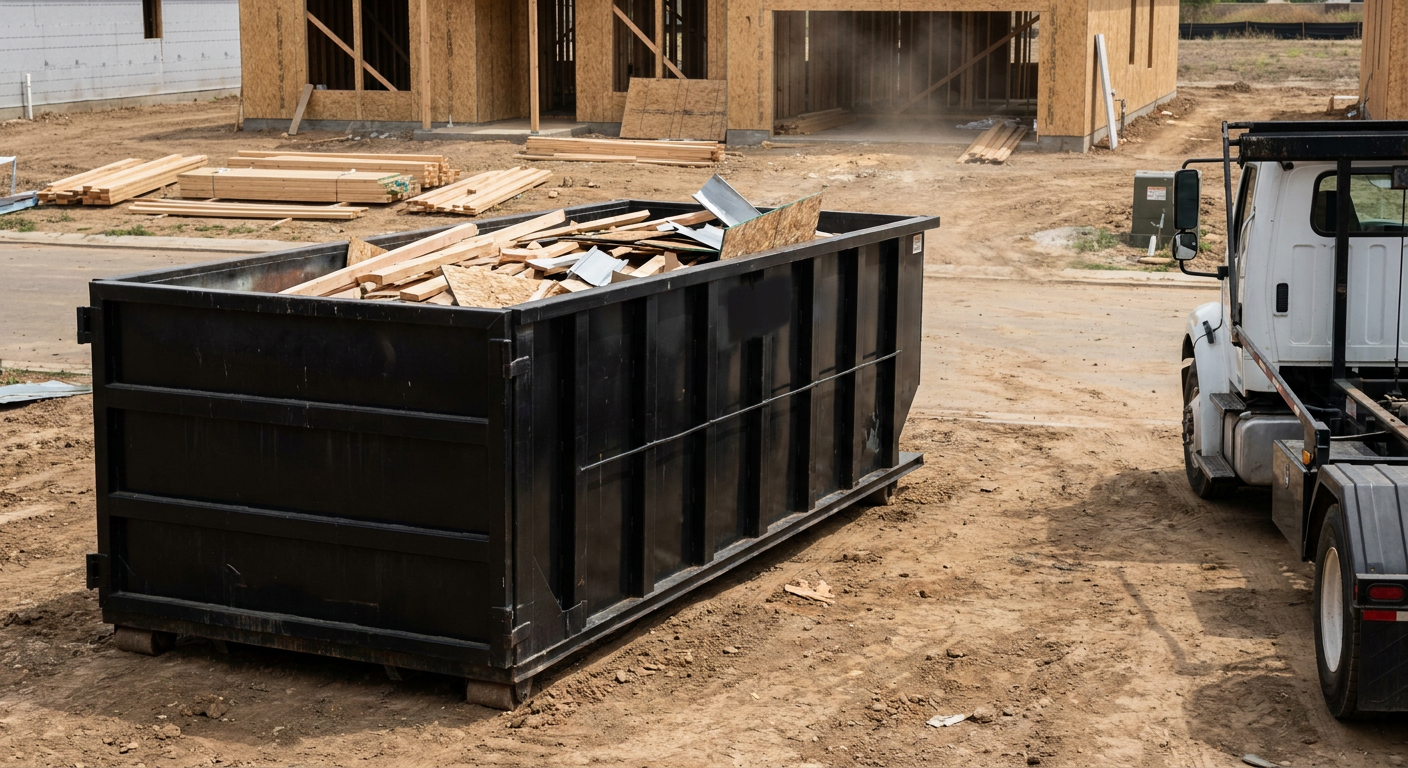 Matte-black 20-yard roll-off construction dumpster with heavy ribbed steel sidewalls and swing rear doors at a working jobsite in Norfolk, sitting directly on compacted dirt with an unmarked white hauler partially visible at the far edge of the frame.