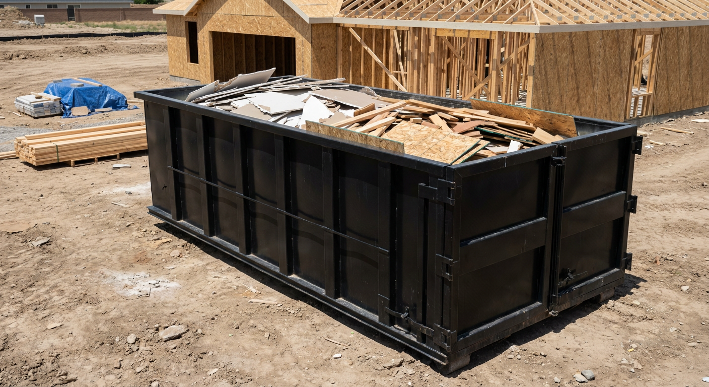Matte-black 30-yard roll-off construction dumpster sitting directly on the compacted-dirt site of a framed single-family home build in Norfolk, drywall and lumber scrap loaded inside.