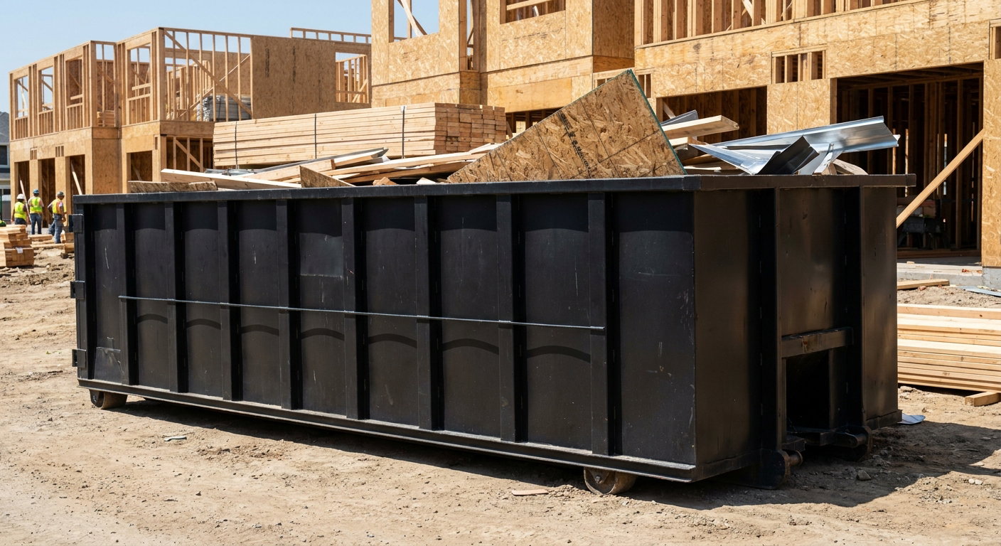 Matte-black 40-yard roll-off construction dumpster being lowered from a white-cab hooklift delivery truck onto the compacted-dirt jobsite at a commercial build site in Norfolk