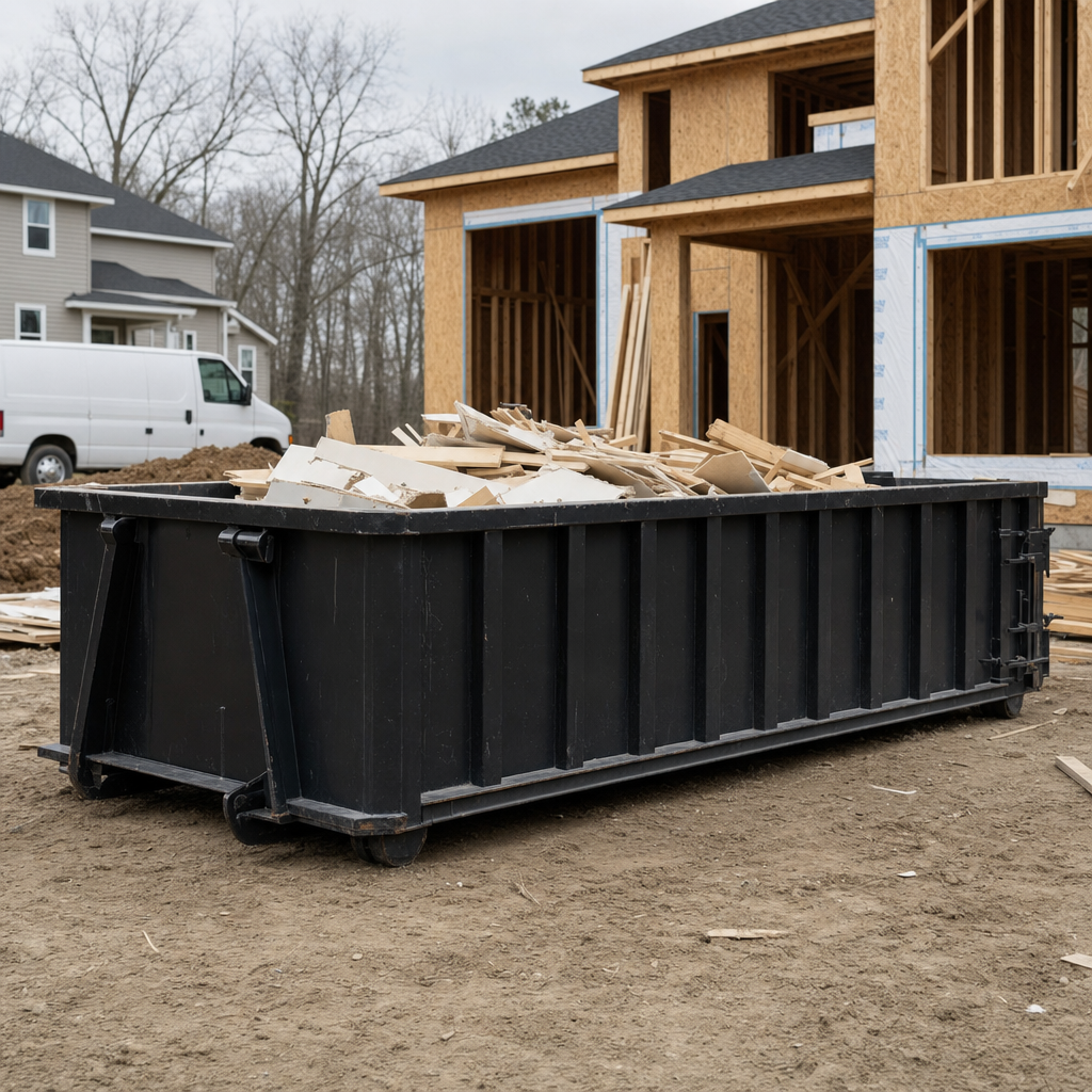 Worker in a yellow high-visibility vest tossing framing lumber and broken drywall into a matte-black 30-yard construction roll-off dumpster on an active build site in Norfolk, bright daylight