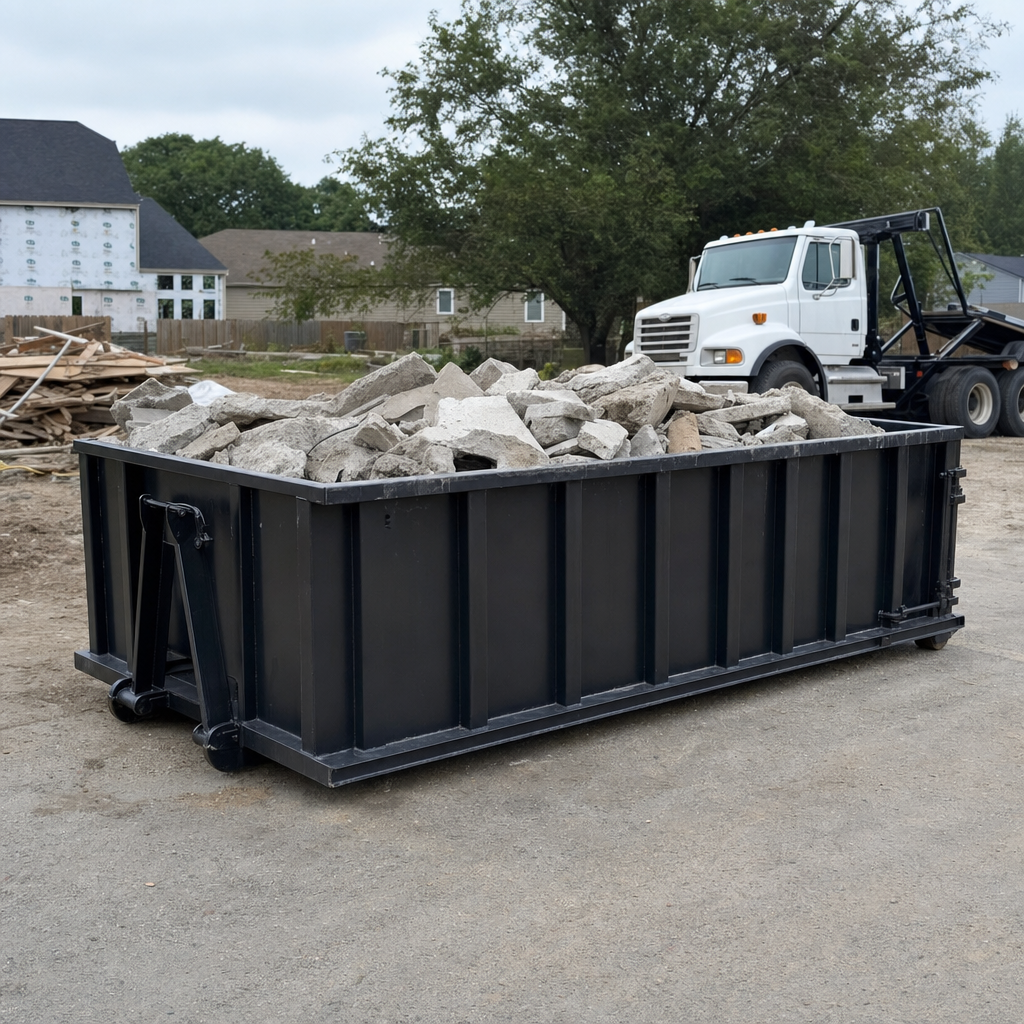 Low-profile matte-black lowboy roll-off dumpster loaded with broken concrete slab and rebar at a foundation tear-out in Norfolk, skid steer parked beside it, sunny Colorado morning