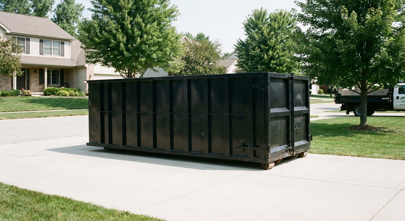 Matte-black 20-yard roll-off dumpster sitting level on a clean Norfolk residential concrete driveway under bright daylight, demonstrating clean placement directly on the concrete.