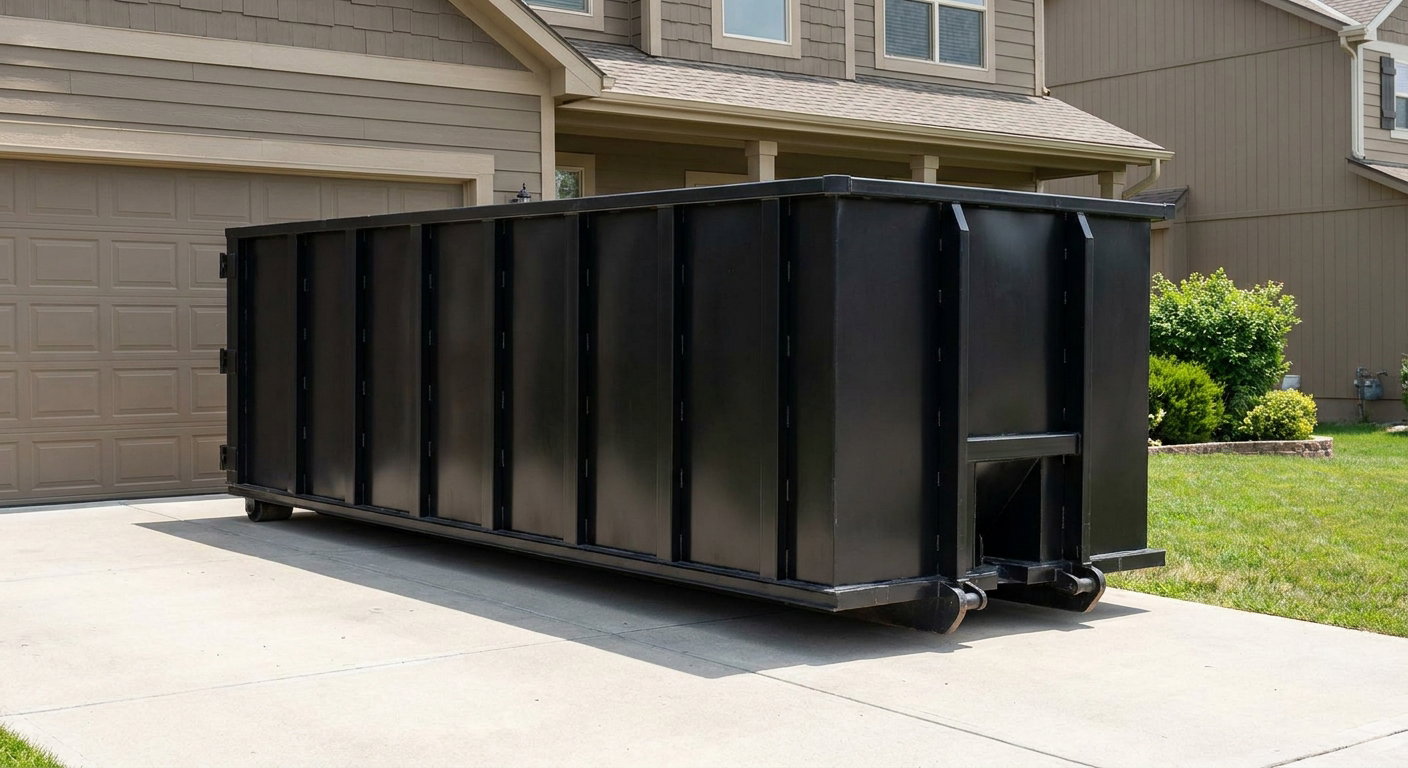 Matte-black residential roll-off dumpster sitting directly on a suburban Norfolk concrete driveway, garage door closed, single-family home in background, bright morning daylight.