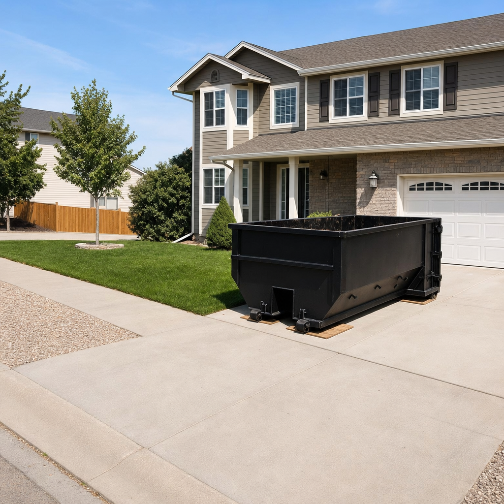 10-yard matte-black residential dumpster placed directly on a narrow Norfolk concrete driveway, room remains for a parked sedan beside it, mid-morning natural light