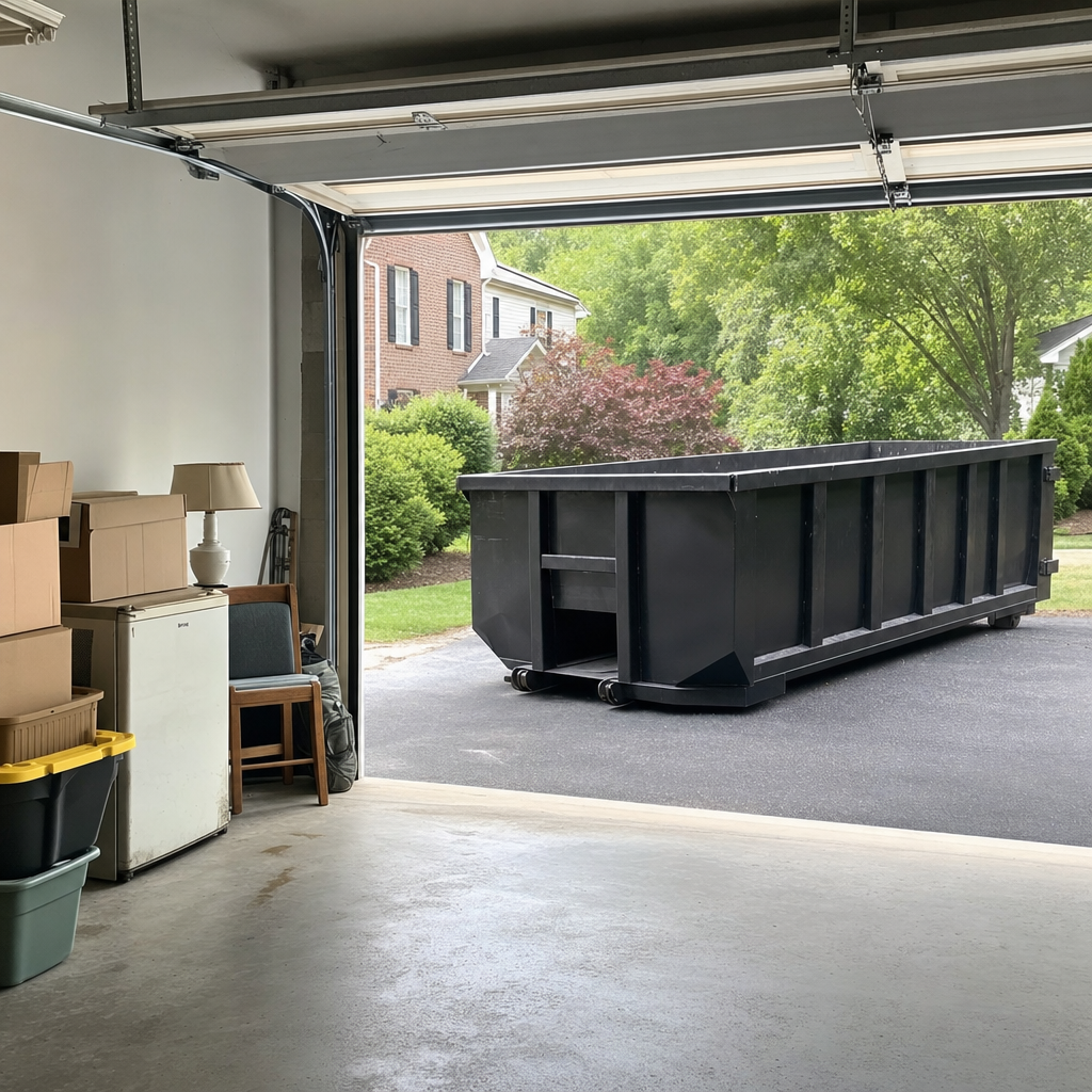 Open garage interior in a Norfolk home mid-cleanout — boxed items, an old appliance, and stacked yard tools queued near the driveway for a matte-black roll-off dumpster, organized and calm