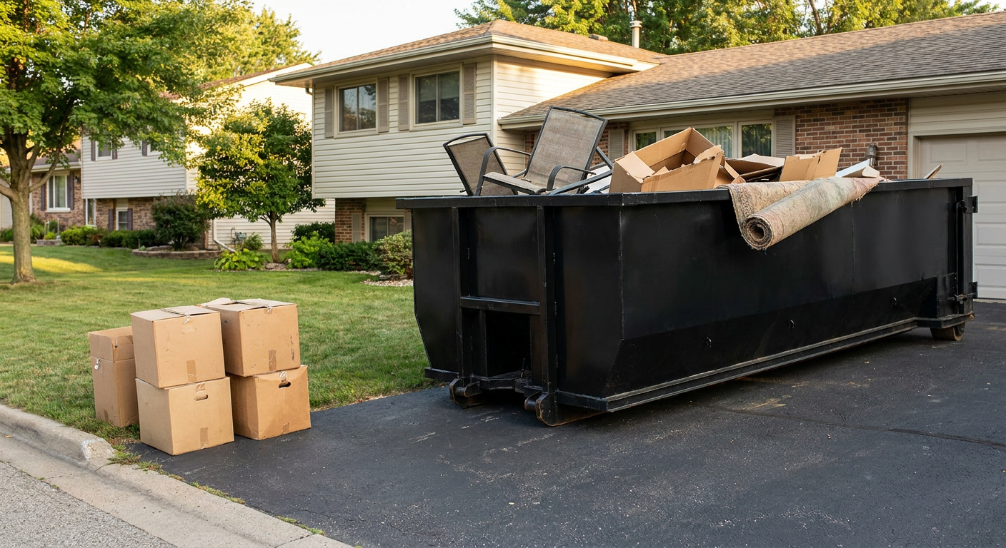 Front-yard view of a Norfolk split-level home with a 20-yard matte-black roll-off dumpster sitting directly on the asphalt driveway, a few clearly labeled donation boxes staged at the curb, calm sunny afternoon.