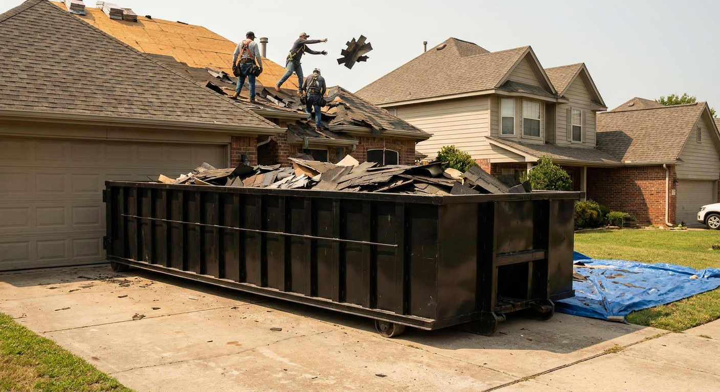 Matte-black roofing roll-off dumpster placed directly on a Norfolk residential concrete driveway, a tear-off crew on a two-story asphalt-shingle roof tossing shingle bundles into the low-walled container, bright daylight, documentary 35mm perspective.