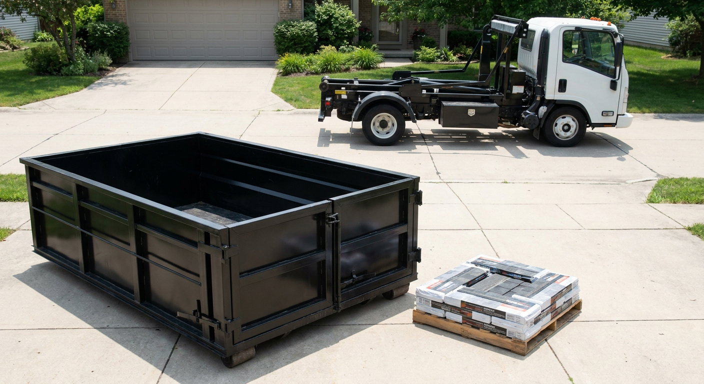 Matte-black 15-yard roofing roll-off dumpster with reinforced low side walls sitting directly on a Norfolk residential concrete driveway, three-tab asphalt shingle bundles stacked nearby, an unmarked white hauler truck partially visible at the edge of the frame.