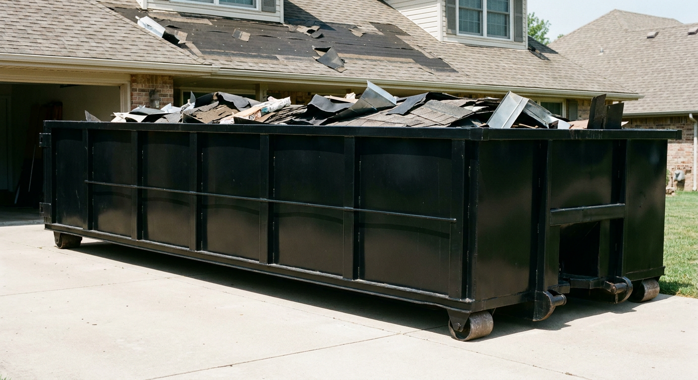 Matte-black 20-yard roofing roll-off dumpster with steel ribbed sides and swinging rear door, sitting directly on the concrete driveway of a two-story Norfolk home, asphalt shingle debris being loaded over the low wall, clean documentary lighting.