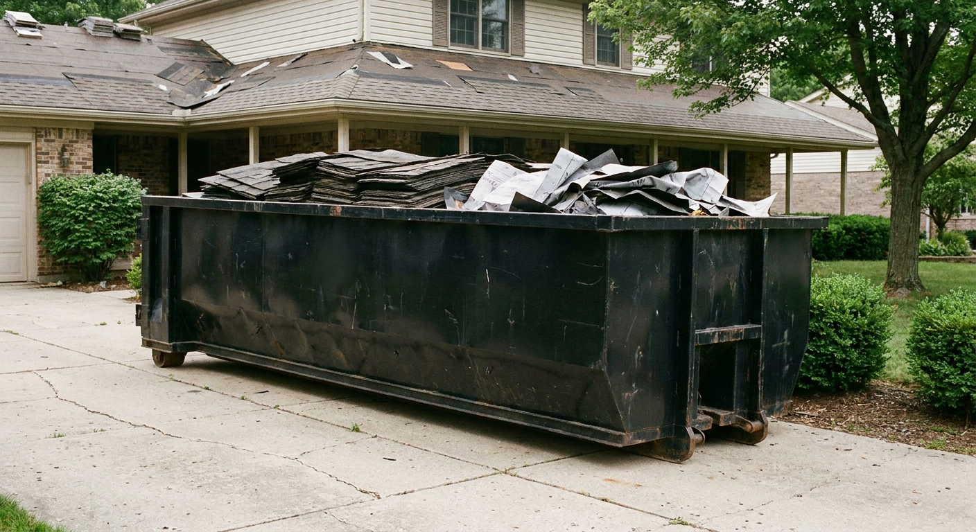 Matte-black 30-yard roofing roll-off dumpster sitting directly on a Norfolk concrete driveway, taller ribbed steel side panels, mixed tear-off debris of asphalt shingles and underlayment inside, professional documentary daylight.