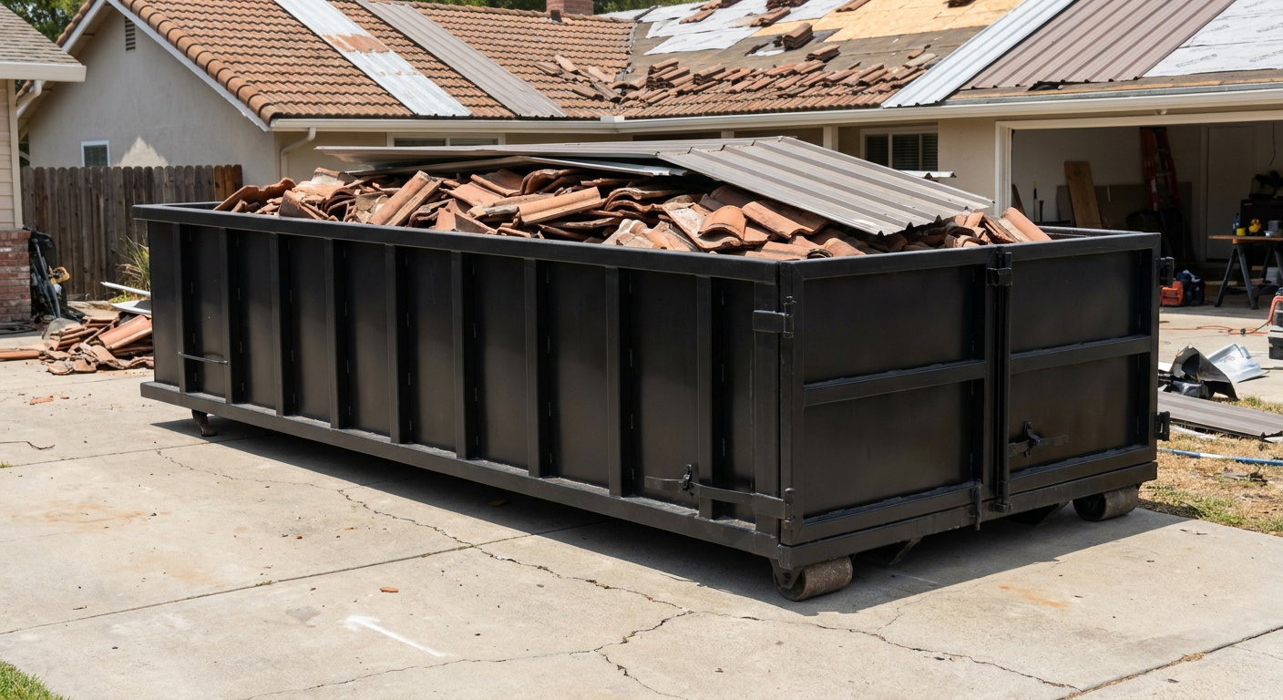 Matte-black low-wall heavy-debris roofing roll-off dumpster sitting directly on a Norfolk concrete driveway, broken concrete clay roof tiles and metal panel sections loaded inside, reinforced ribbed steel side walls visible, bright outdoor daylight.
