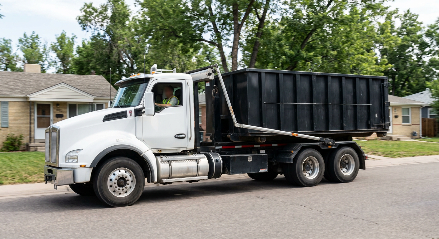 A wide documentary shot of a matte-black roll-off delivery truck pulling onto a quiet Norfolk residential street at mid-morning, with neighborhood rooftops and tree-lined blocks visible behind, showing the metro coverage footprint.