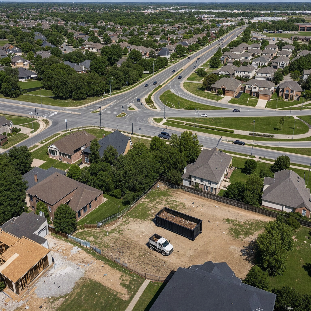 An overhead documentary view of the Norfolk metro area at midday, showing the spread of neighborhoods, arterial roads, and the dispatch radius from a central yard — clean daylight, organized geographic layout.