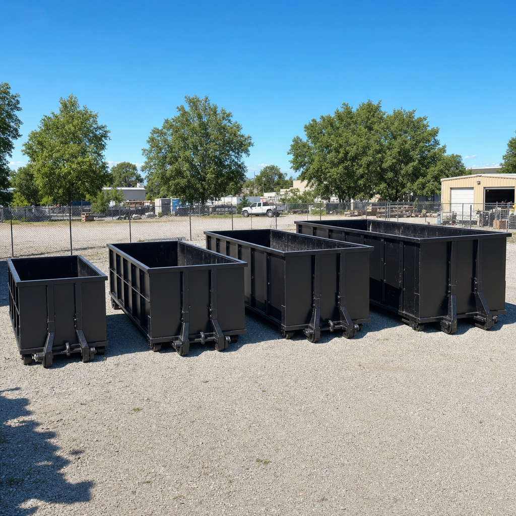 A clean lineup of matte-black roll-off dumpsters in 10, 20, 30, and 40-yard sizes staged on a sunlit gravel yard in Norfolk, showing the size progression from compact to commercial-scale containers.