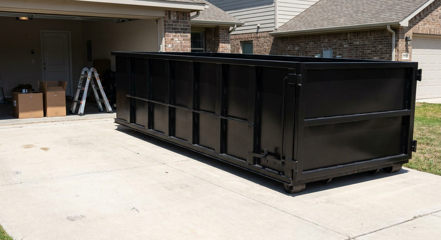 A matte-black 10-yard roll-off dumpster sitting directly on a residential Norfolk concrete driveway, mid-day sunlight, clean and ready for a garage cleanout.
