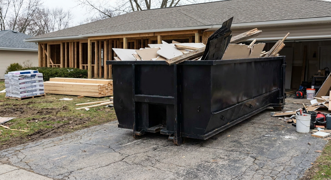 A matte-black 20-yard roll-off dumpster placed alongside a mid-renovation Norfolk home directly on the asphalt driveway, with framing materials and torn-off shingles staged neatly nearby.