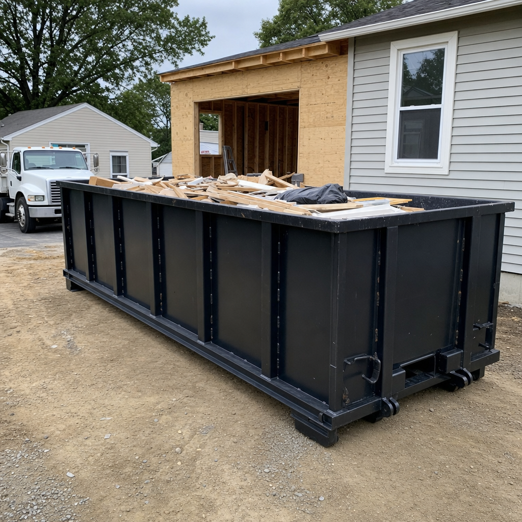 A matte-black 30-yard roll-off dumpster positioned at a Norfolk residential addition jobsite, with framing lumber and drywall scraps loaded through the open swinging rear doors.