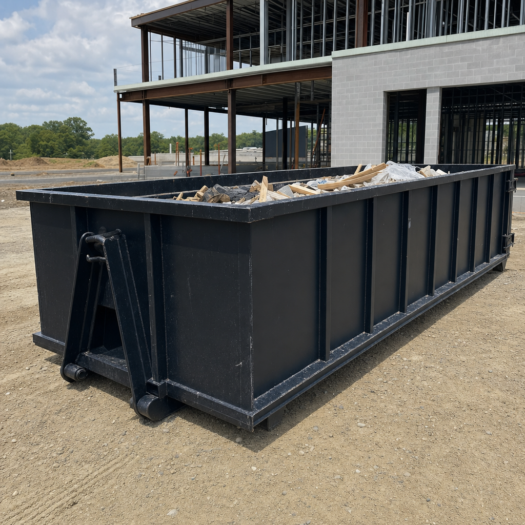 A matte-black 40-yard roll-off dumpster staged on a large Norfolk commercial construction lot, with a hooklift delivery truck parked alongside under bright midday sky.