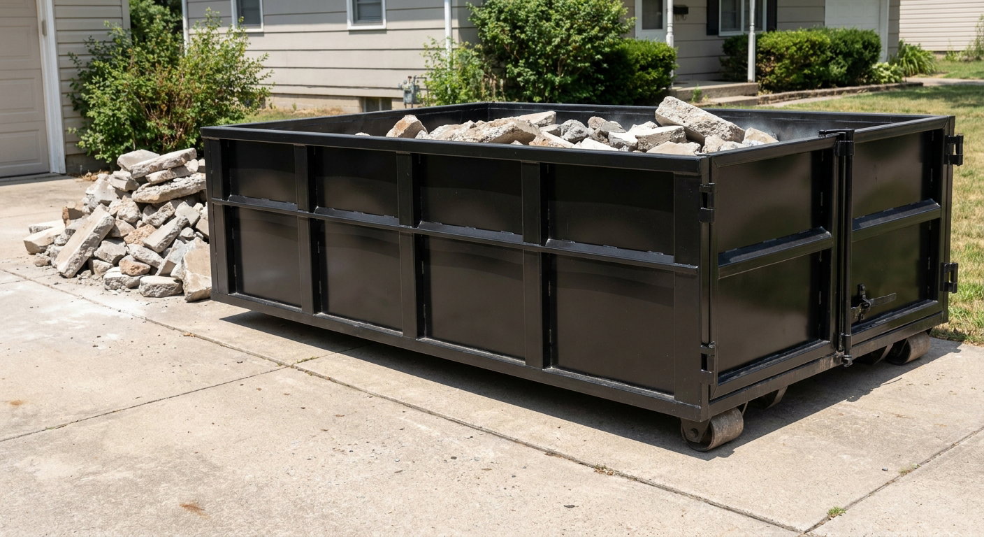 A matte-black low-side heavy-debris roll-off dumpster placed directly on a Norfolk concrete driveway, with broken concrete chunks neatly stacked beside it under clean daylight.